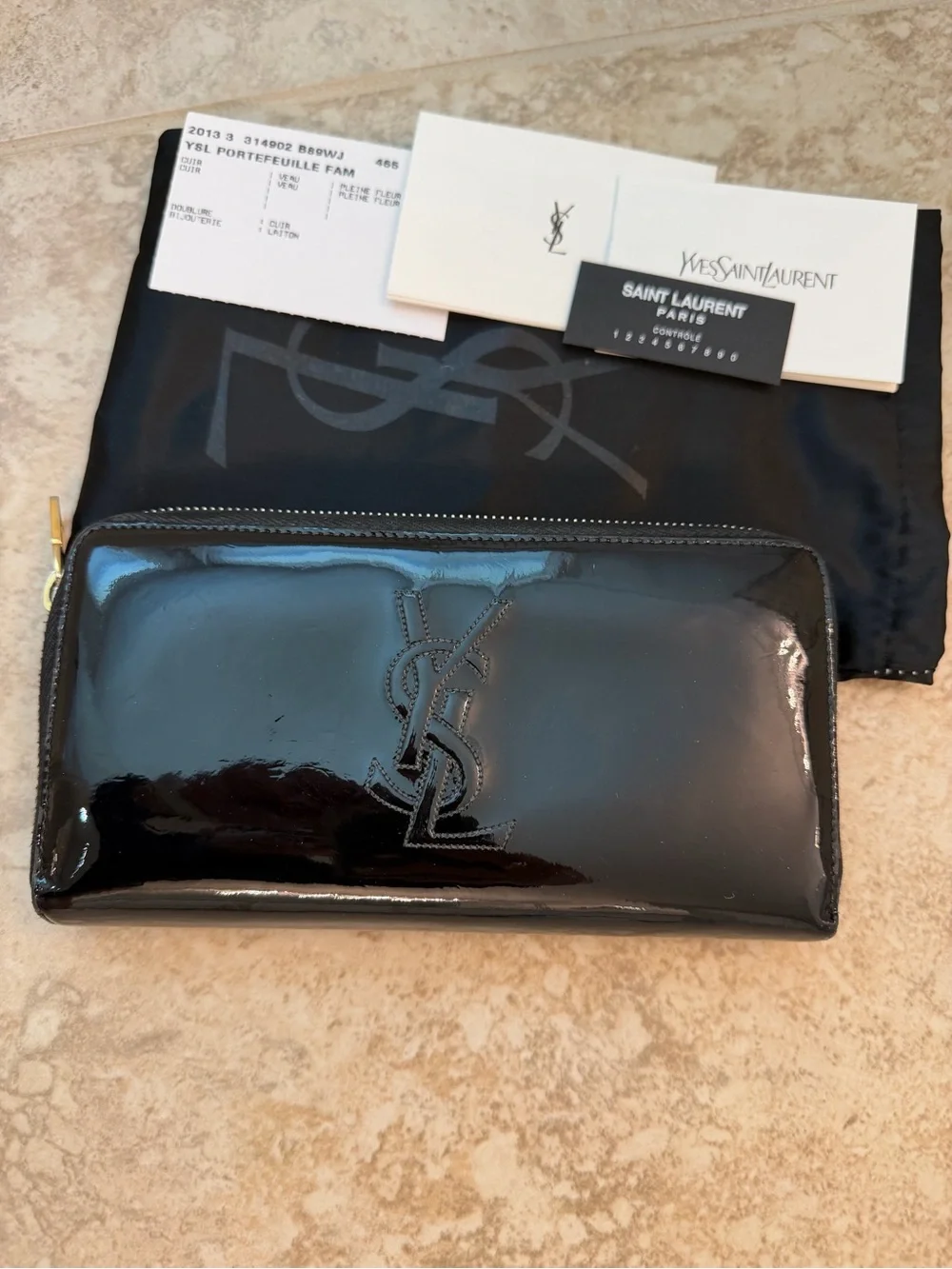 Authentic YSL Saint Laurent Belle de Jour Black Patent Leather Wallet